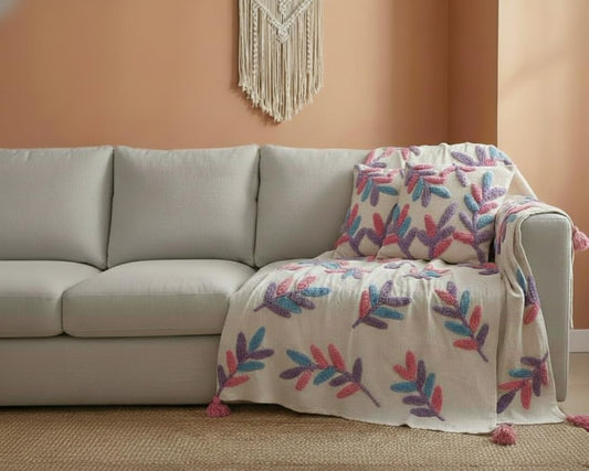 Sofa Throw & Cushion Cover Set – Home Textile Combo – Hand Tufted Cotton – 3-Piece: 50x60 Throw, 16x16 Covers