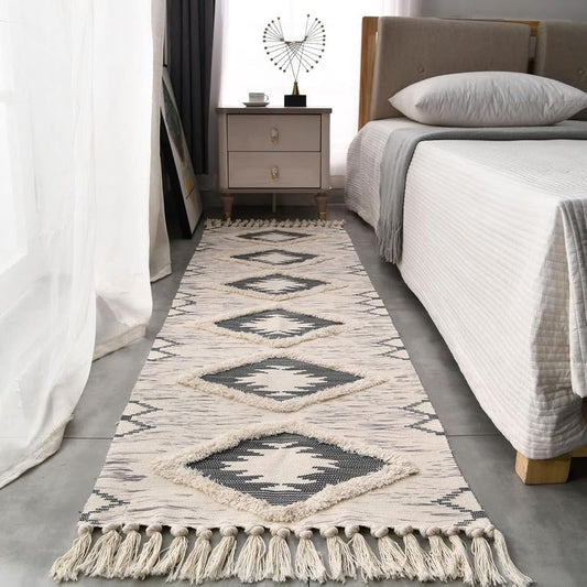 Modern Hand Woven 100% Cotton Washable Printed Bedside Runner Rug 2x5 Feet | Area Carpet for Living Room, Bedroom, Kitchen