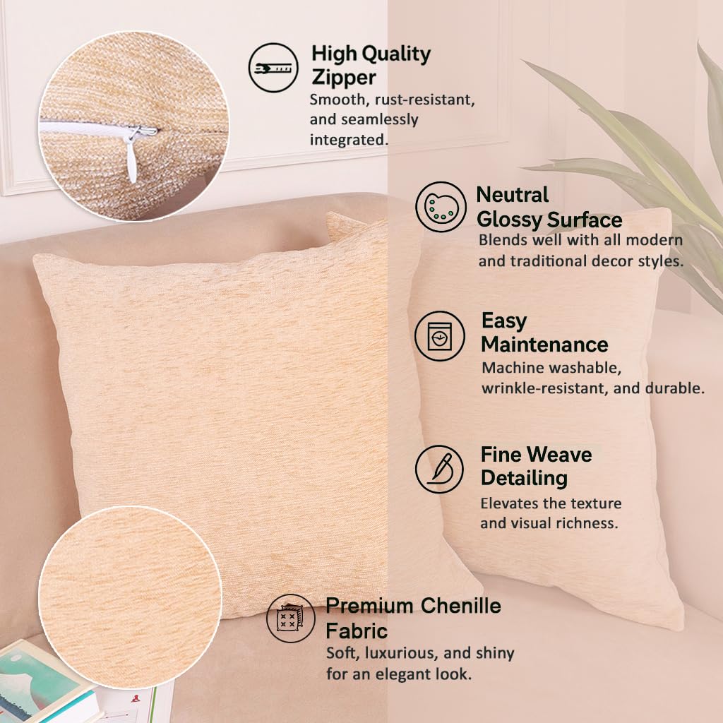 Soft Velvet Chenille Cushion Covers 16x16 Set of 2 | Durable Washable Light Beige Sofa Couch Bed Decor