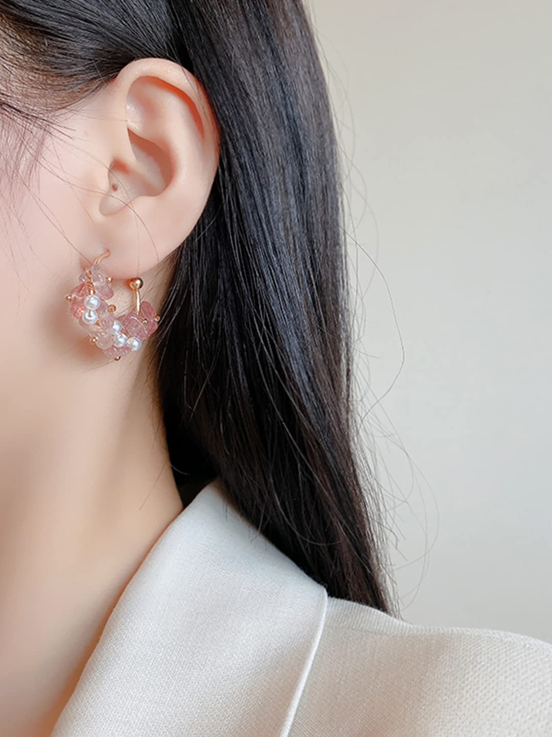 Stone Studded Hoop Earrings – Clip-On Earrings – Gold Tone Pink & White Stones – Pair