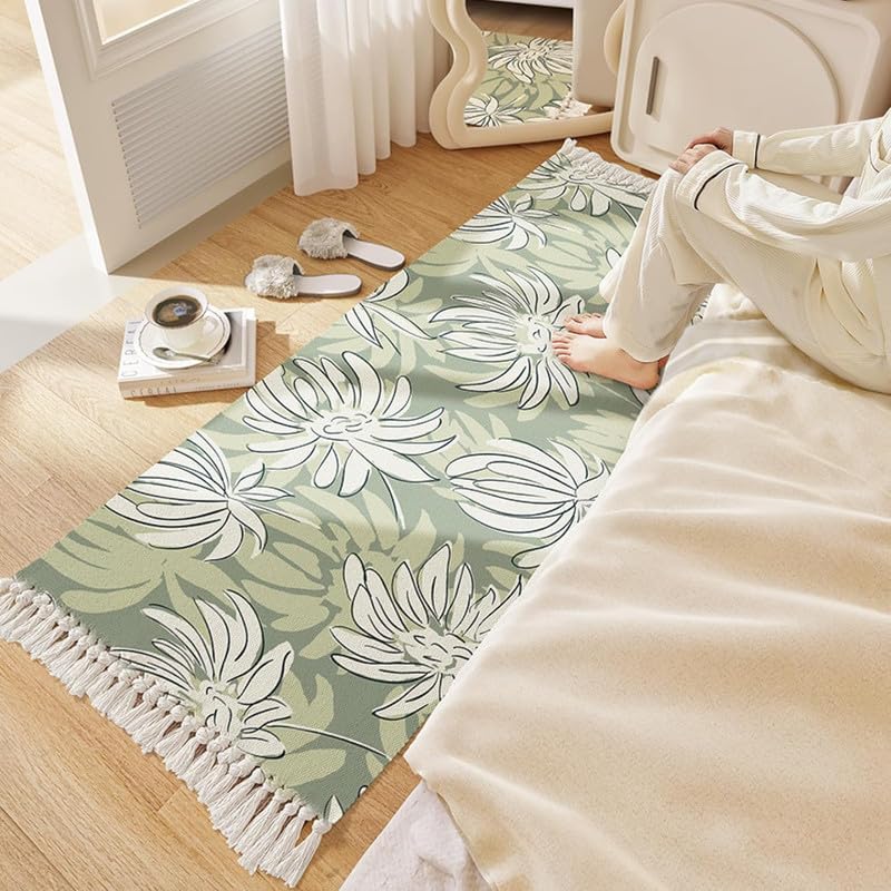 Modern Floral Hand Woven 100% Cotton Washable Bedside Runner 2x5 ft | Living Room, Bedroom, Kitchen Carpet