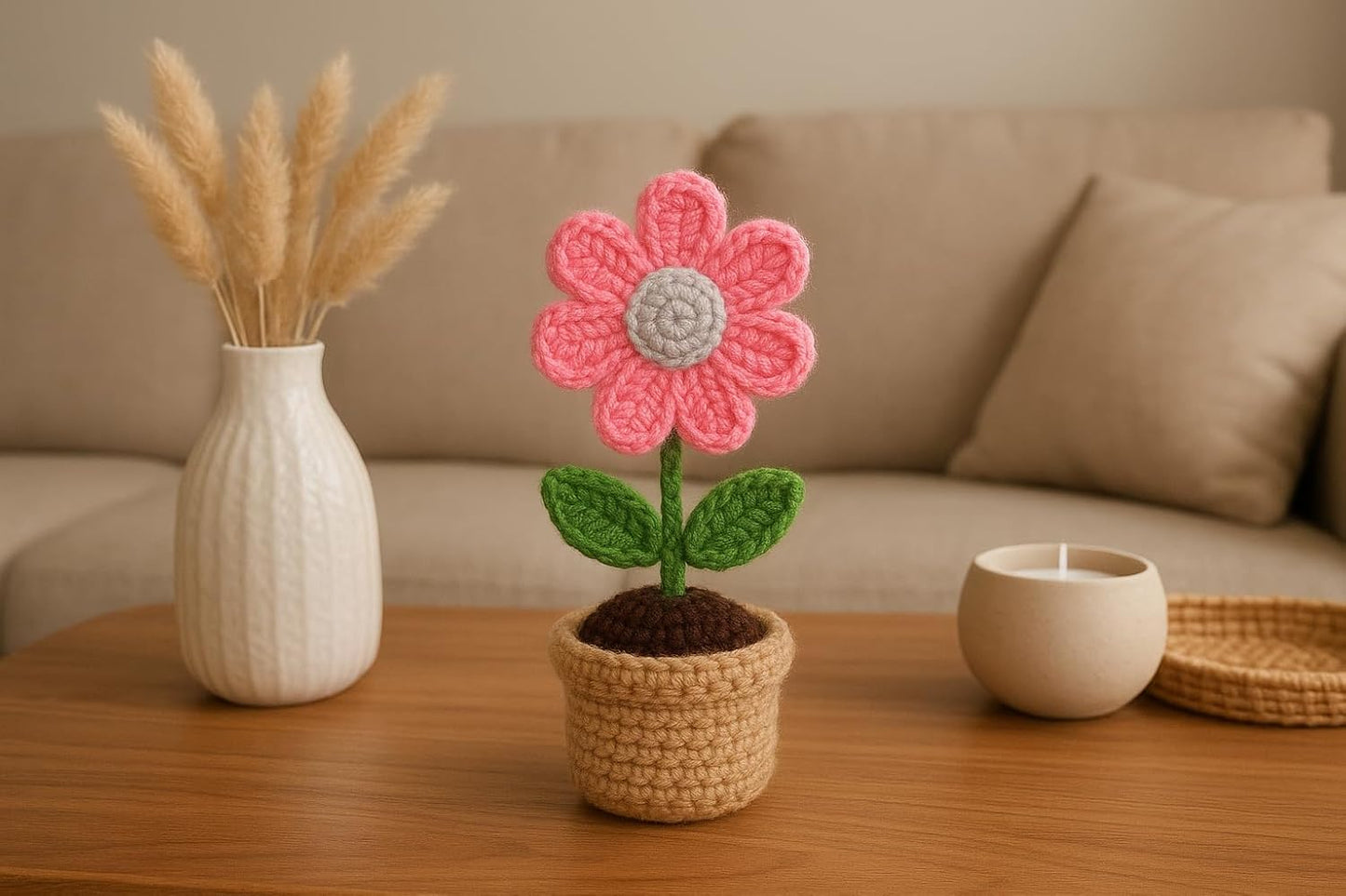 Crochet Daisy Pot – Artificial Plant Decor – Handmade Acrylic Knit – 18cm Tall