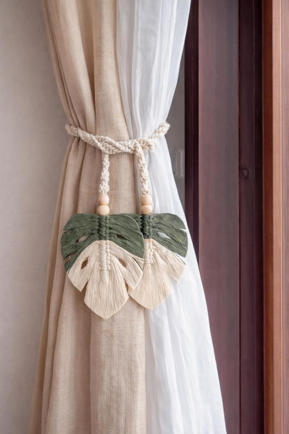 Decorative Curtain Holdbacks – Macramé Tie-Back Set – Cotton Rope Leaf Design – 2-Pack (4x45")