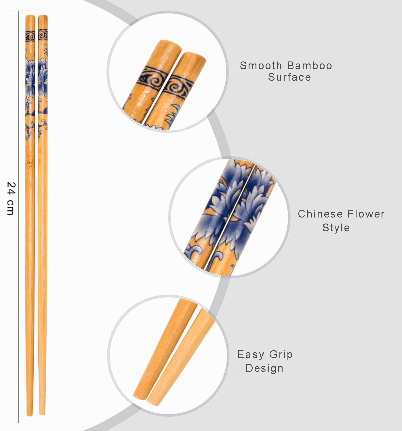 Natural Bamboo Chopsticks – Dining Chopsticks – Reusable – 24 cm, 5 Pairs