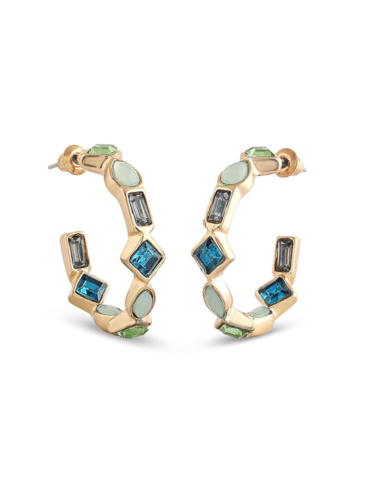 Green Blue Dazzling Stones Semi Hoop Studs – Contemporary Earrings – Embellished Jewellery Pair