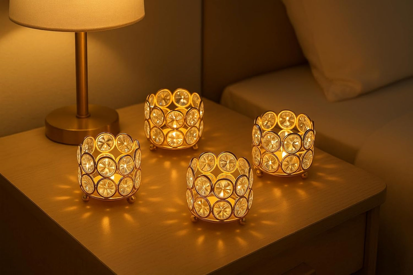 Elegant Crystal Gold Tealight Candle Holder, Sparkling K9 Diya Votives (Pack of 4) | Home Decor, Diwali, Wedding, Christmas Gift