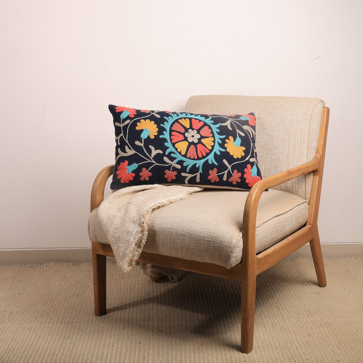 Indigo Aari Embroidered Cotton Lumbar Cushion 35 x 60 cm