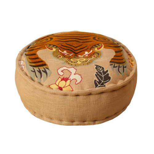 Boho Embroidered Cotton Floor Pouf – Tiger Design 60×20 cm