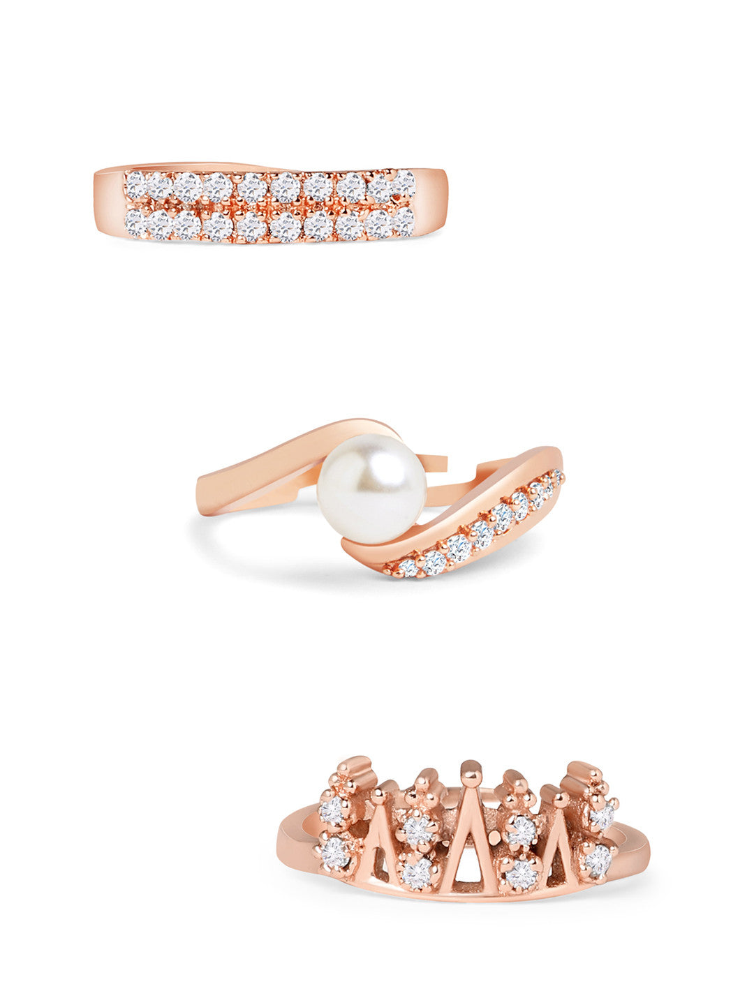 Rose Gold-Plated CZ & Beaded Finger Rings – Adjustable Ring Set – Mixed Finishes – Pack of 3