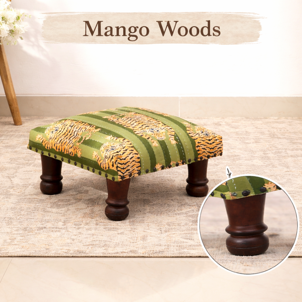 Handcrafted Green Jungle Stripe Cotton Footstool, Wooden Leg