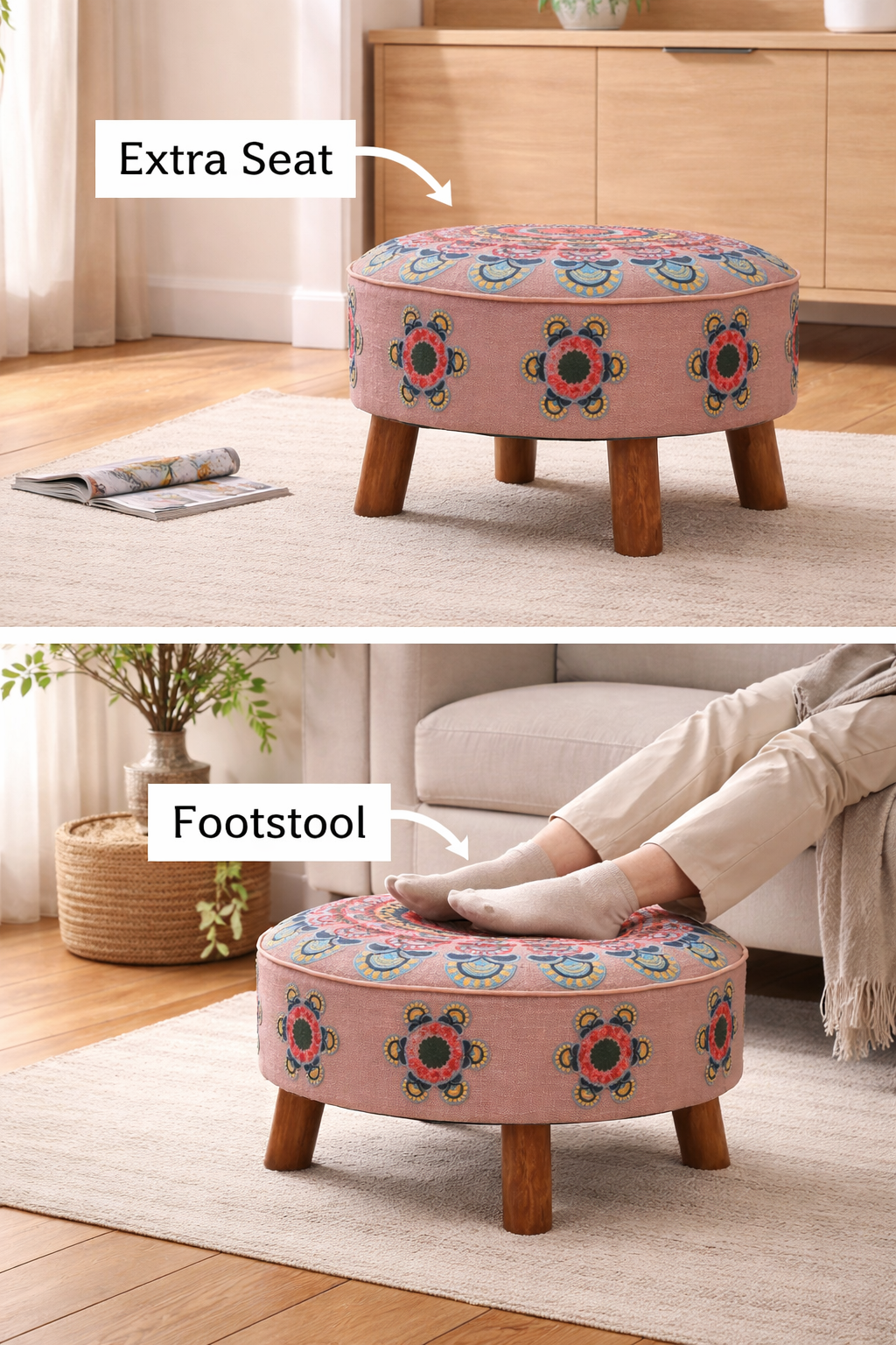 Embroidered Round Cotton Ottoman with Wooden Legs