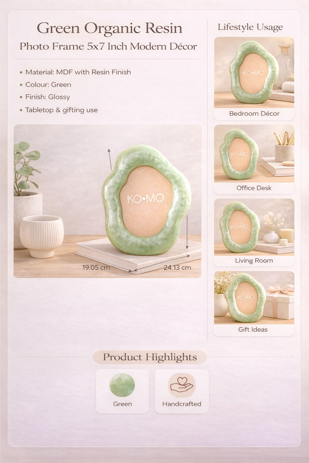 Green Organic Resin Photo Frame 5x7 Inch Modern Décor