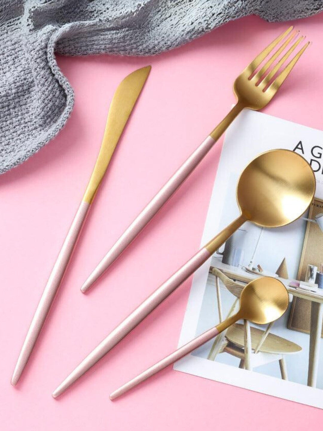 4-Piece Cutlery Set – Dining Utensil Set – Stainless Steel Pink & Golden