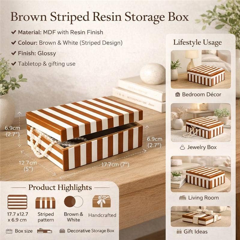 Brown Striped Resin Storage Box MDF Decorative Organizer