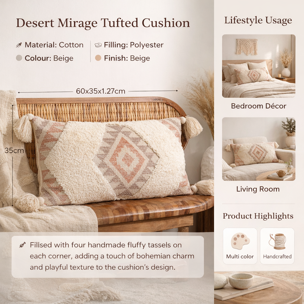 Desert Mirage Tufted Cushion with Tassels – Beige | 60x35 cm