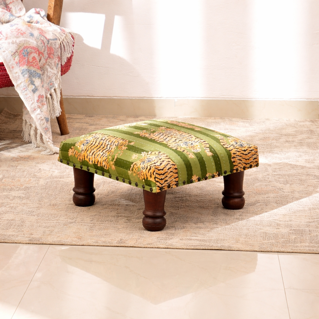Handcrafted Green Jungle Stripe Cotton Footstool, Wooden Leg