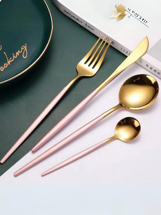 4-Piece Cutlery Set – Dining Utensil Set – Stainless Steel Pink & Golden