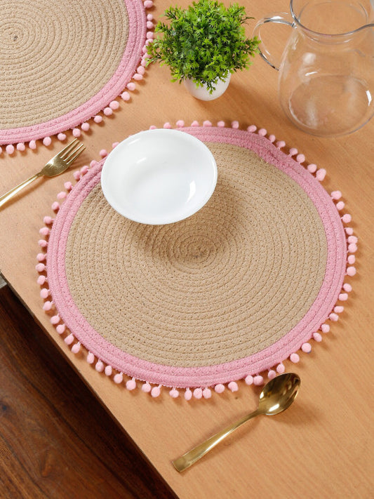 Set of 2 - Textured Dining Mats – Table Accessories – Cotton Weave, Pom Pom Accent