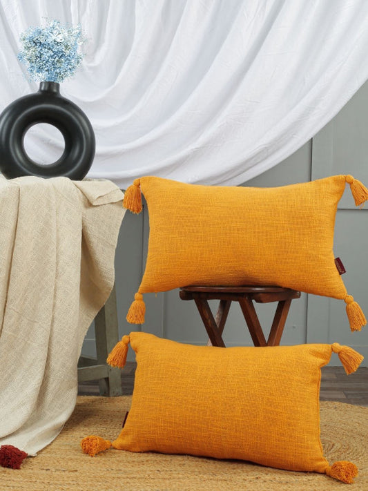 Earthy Yellow Oblong Pillow Cover – Woven Pattern Fabric – 2pc