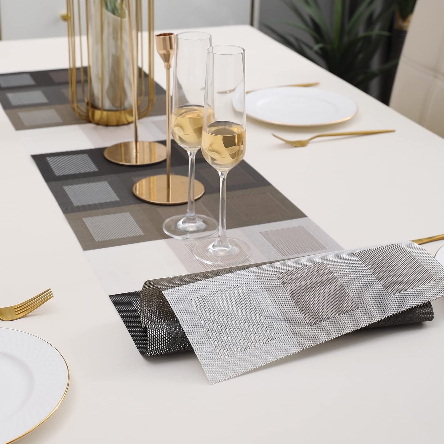 Black and White Grid Design Polyester Blend Table Runner 30x135 cm | Dining Coffee Centre Table Mat Washable