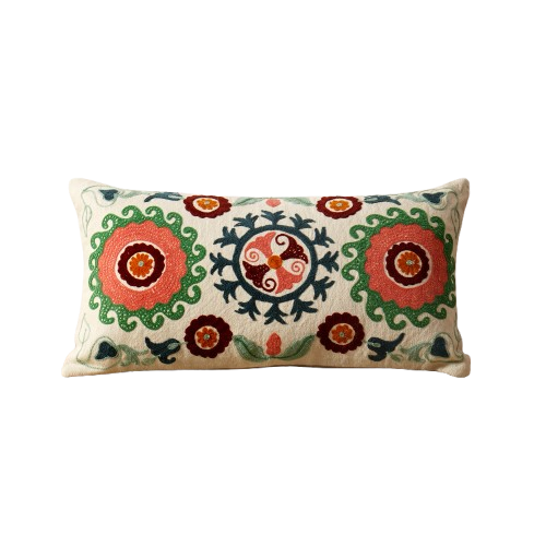 Suzani Embroidered Lumbar Cushion With Filler