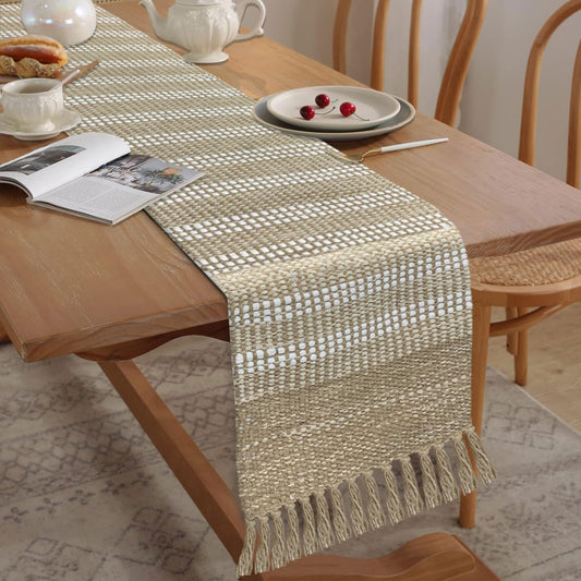 Luxe Elegant Beige White Woven Tassel Stripe Table Runner - Mix Cotton Jute 13x72 Inch | Dining Table Decor, Farmhouse