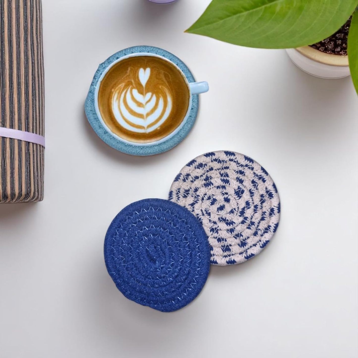 Teal Blue Cotton Round Absorbent Drink Coasters (Set of 6, 10cm) | Table Mats for Hot & Cold Drinks, Kitchen, Dining