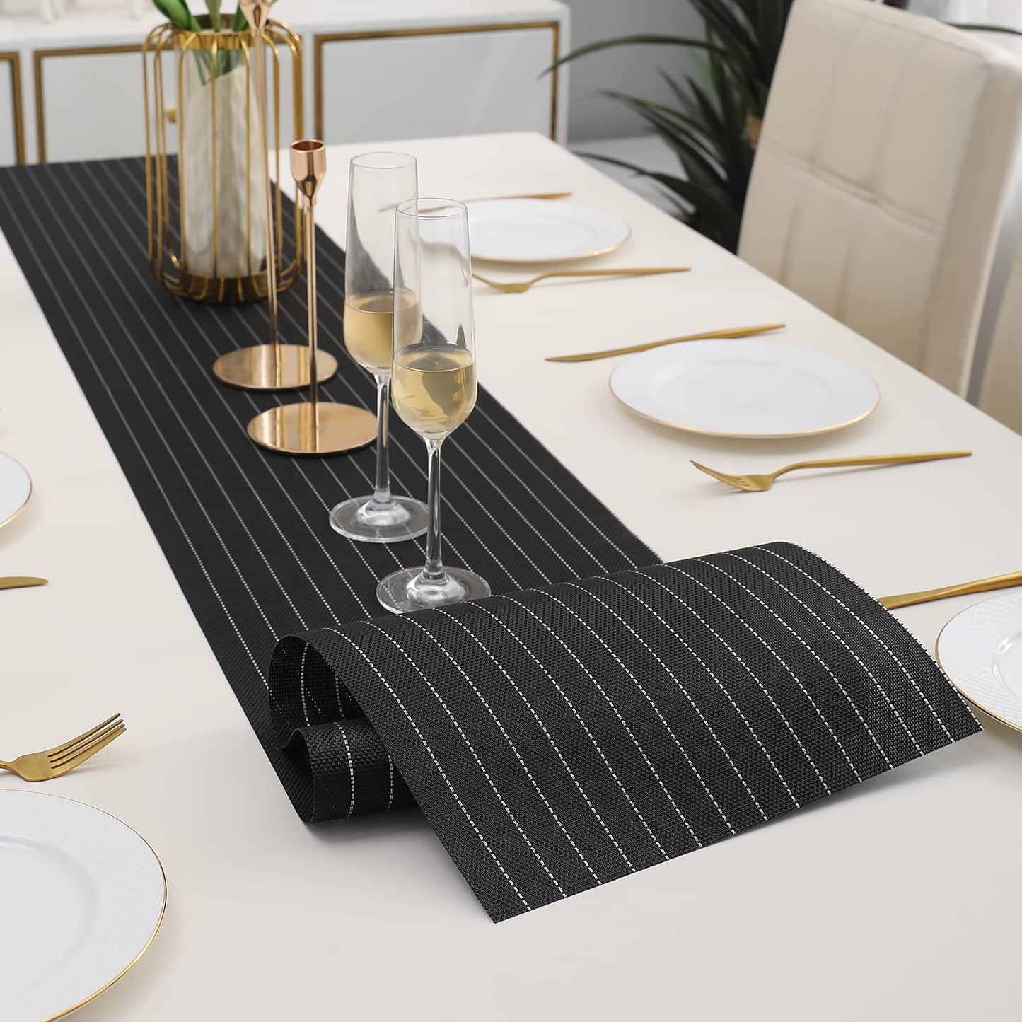 Grey Striped Easy Clean Table Runner 30x180 cm | Dining Kitchen Home Decor