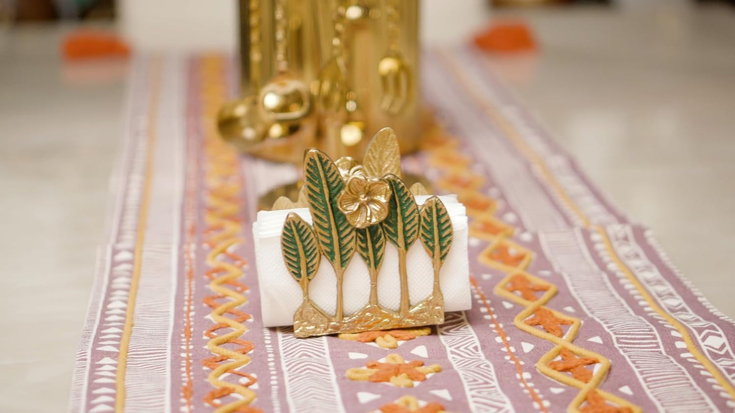 Metal Napkin Holder – Tabletop Tissue Dispenser – Gold Aluminium, Green Leaf Design