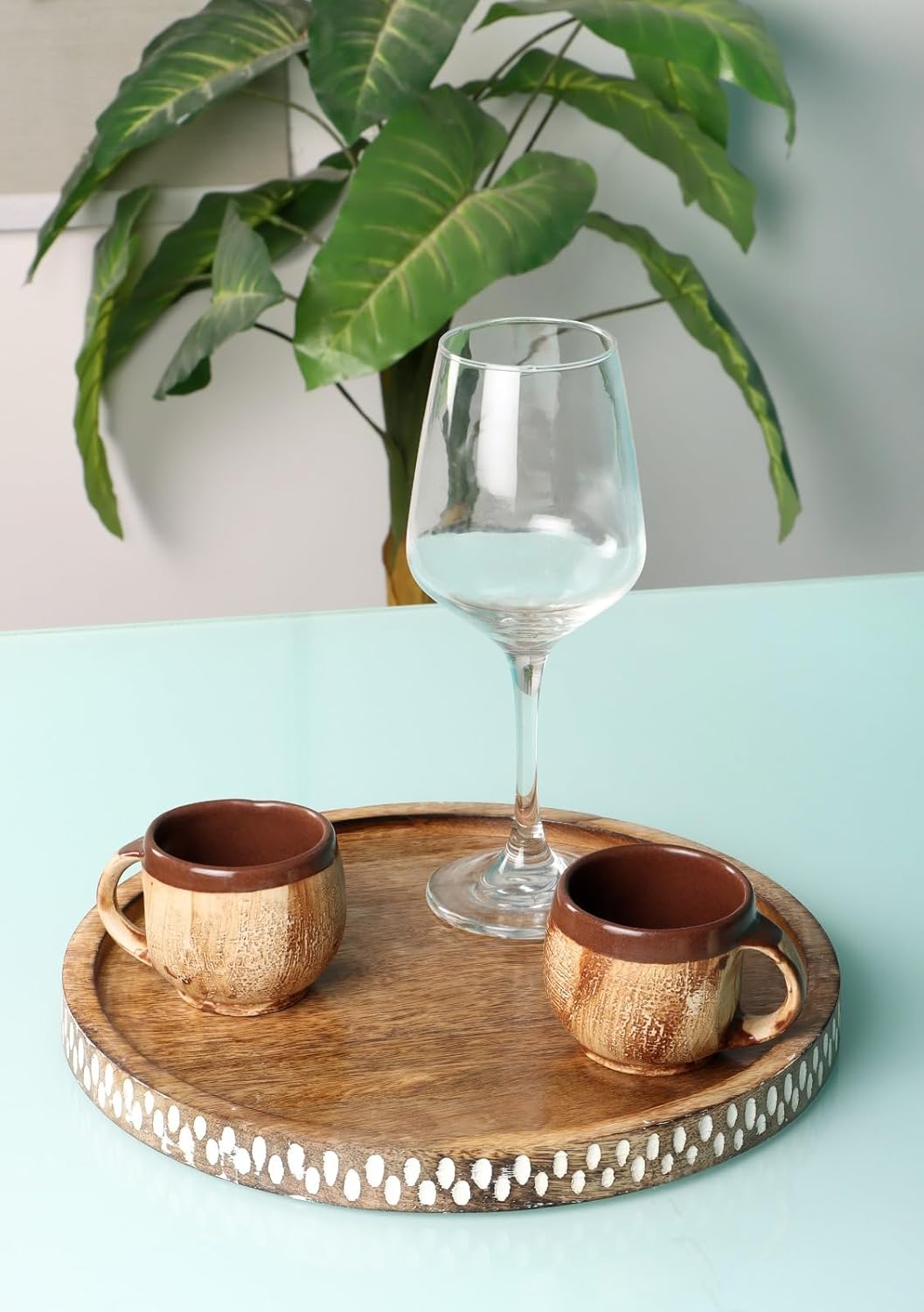 Wooden Round Serving Tray – Decorative Platter – Hand-Carved Wood – 11-Inch Diameter
