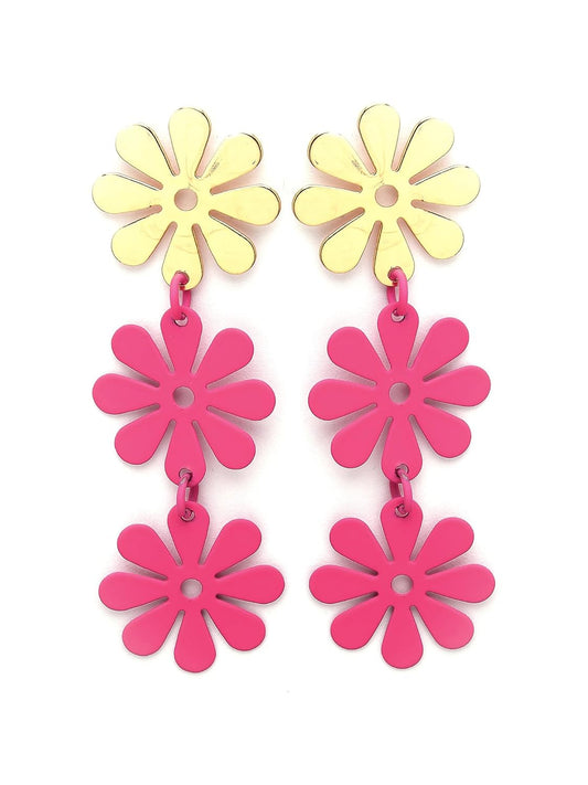 Floral Design Drop Earrings – Women's Fashion Jewellery – Pink & Gold Finish – Sold by Pair