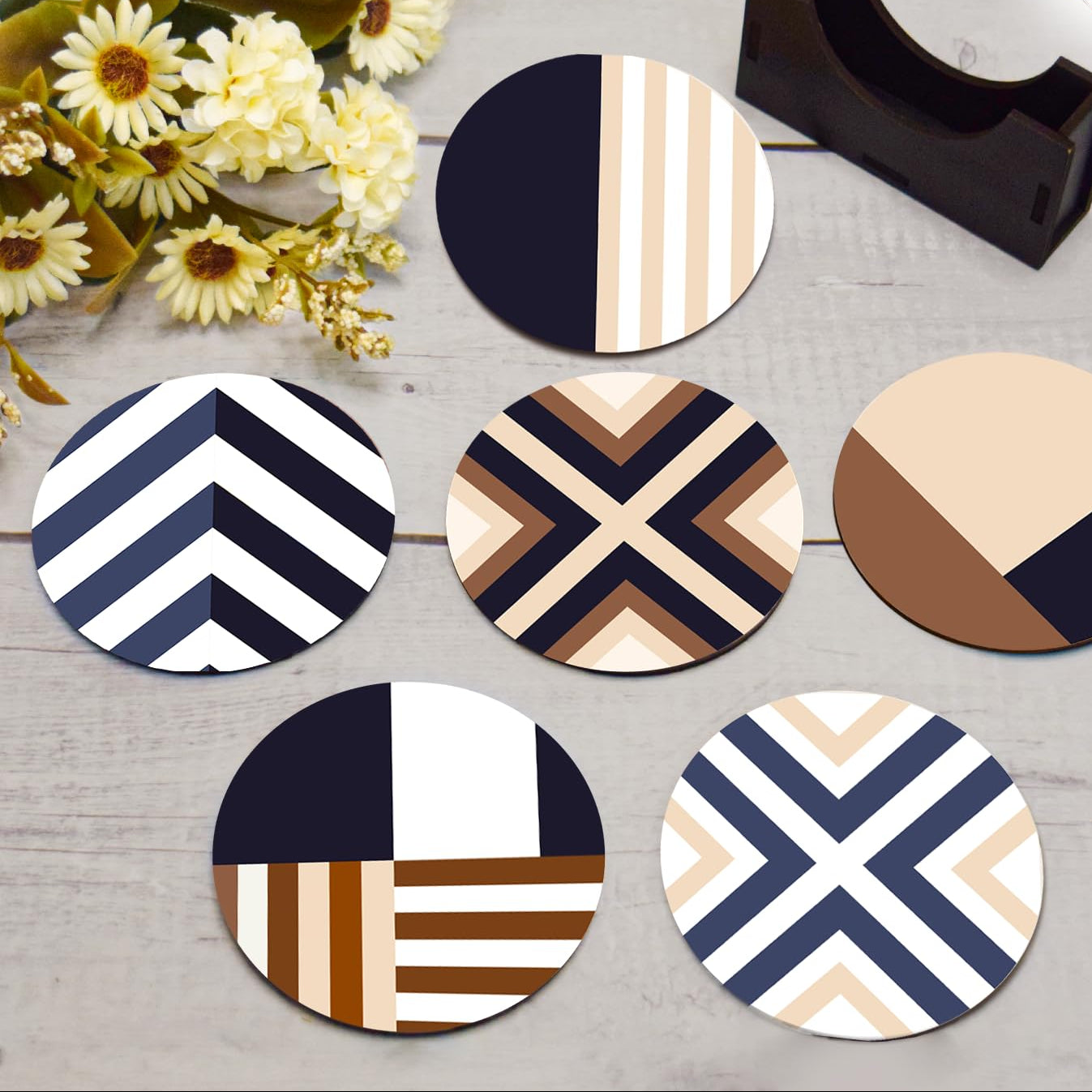 Elegant Chevron Design Wooden Tea Coasters Set of 6 with Stand | Coffee Mug & Glass Mats, Home Decor, Gifting