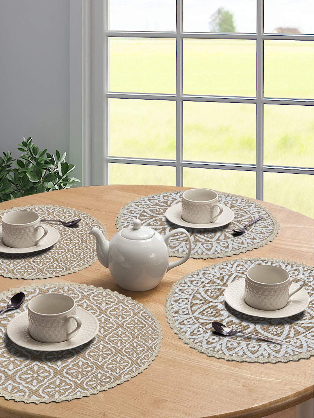 White Jute & Cotton Printed Round Table Mats - Pack of 4, 38x38 cm | Dining Placemats, Home Decor