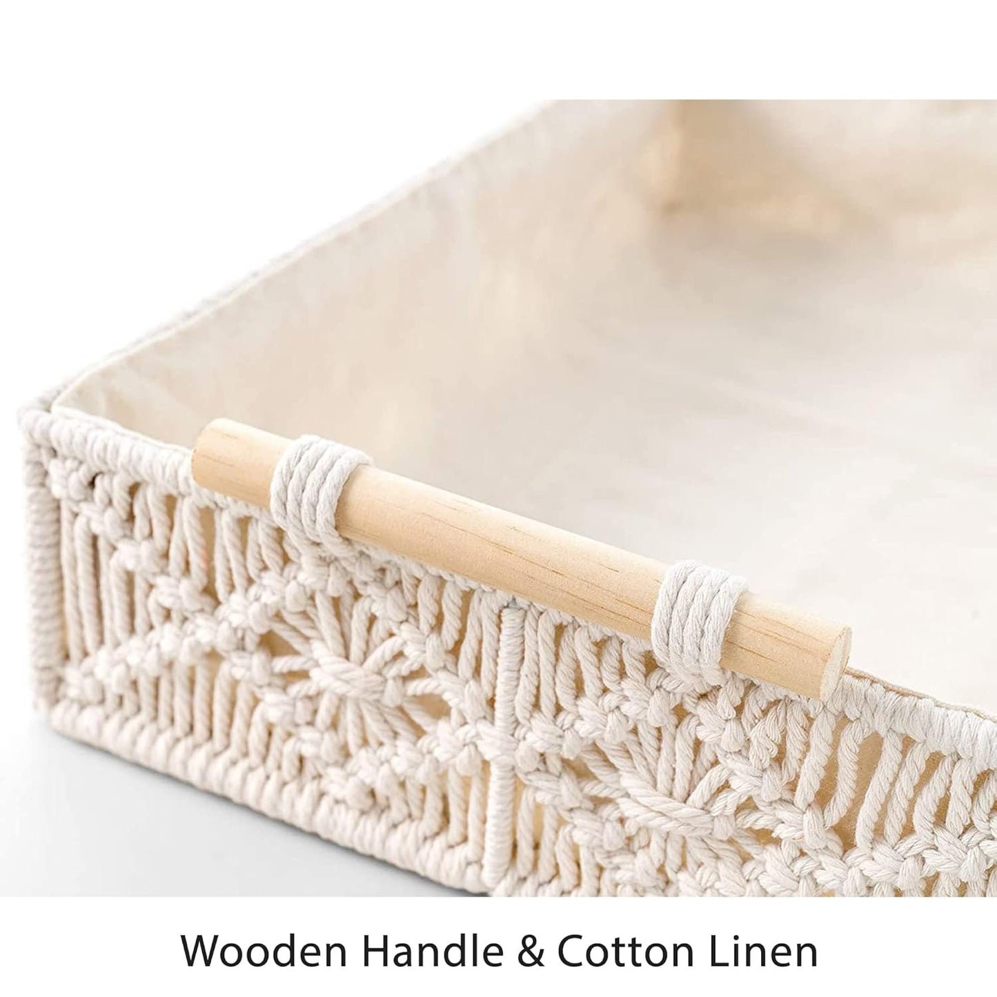Decorative Macrame Storage Basket – Handcrafted Cotton Rope Weave with Wood Handles