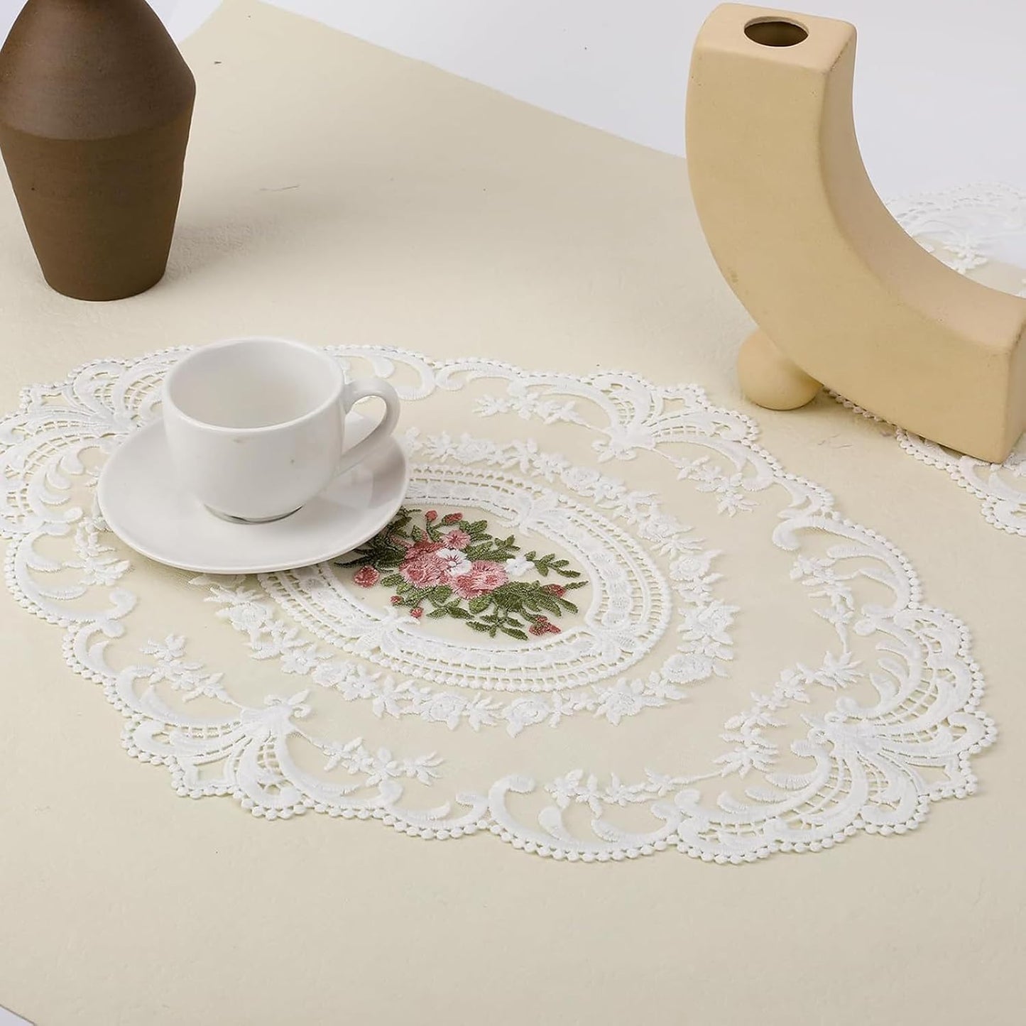 2 Pcs Vintage Lace Round Crochet Table Mats for Dining & Study Table | Handmade Embroidered Table Cover Cloth White