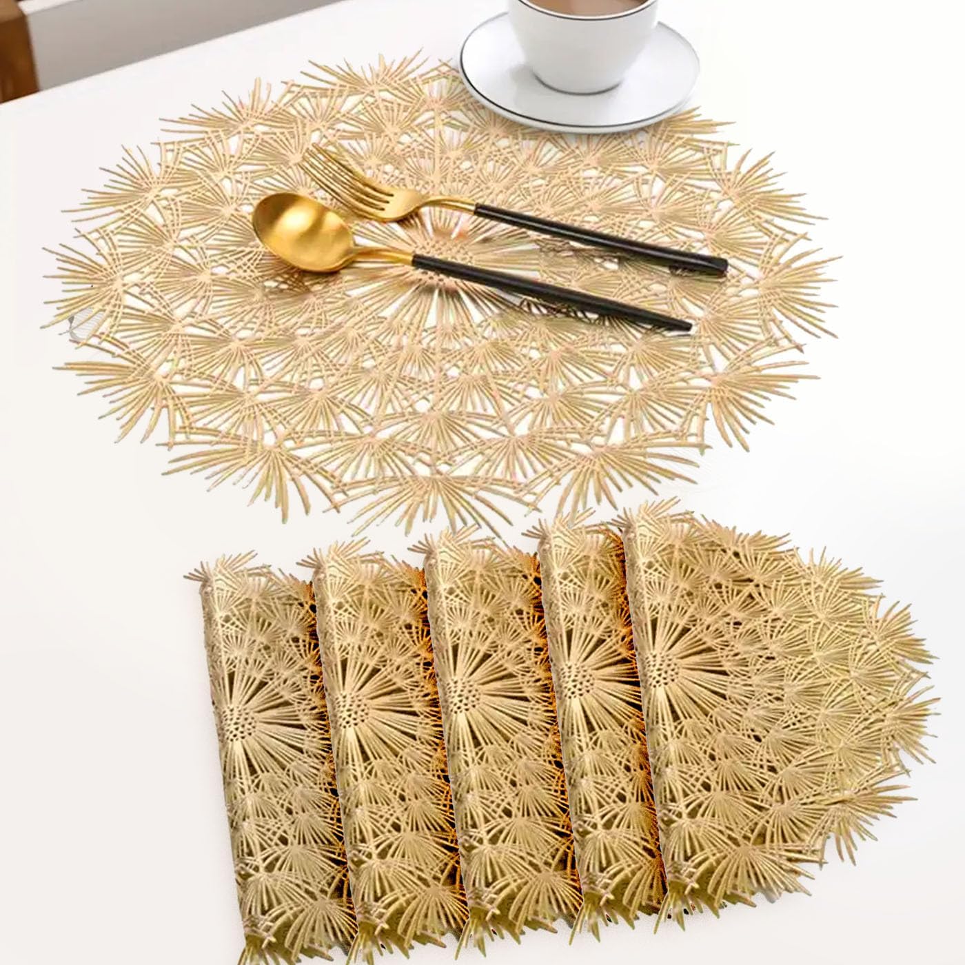 Golden Round PVC Placemats Set of 6 (38cm) | Non-Slip Heat Resistant Wipeable Dining Table Kitchen Mats
