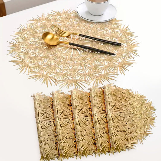 Golden Round PVC Placemats Set of 6 (38cm) | Non-Slip Heat Resistant Wipeable Dining Table Kitchen Mats