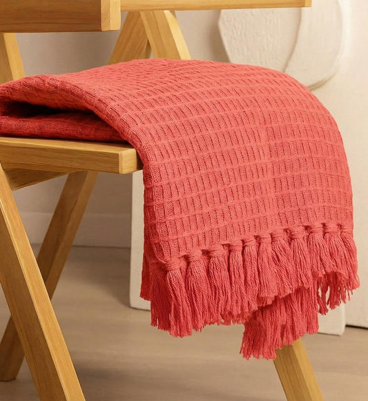 Waffle Knit Throw Blanket – Cotton Tasseled – All-Season Lightweight – 127x152 cm