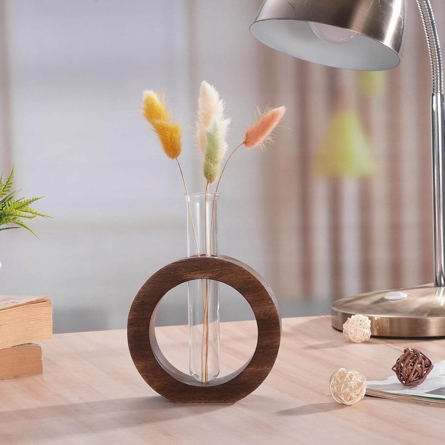 Decorative Glass Test Tube Vase with Donut Wooden Holder, Brown | Plant Propagation Station, Home Office Decor Gift