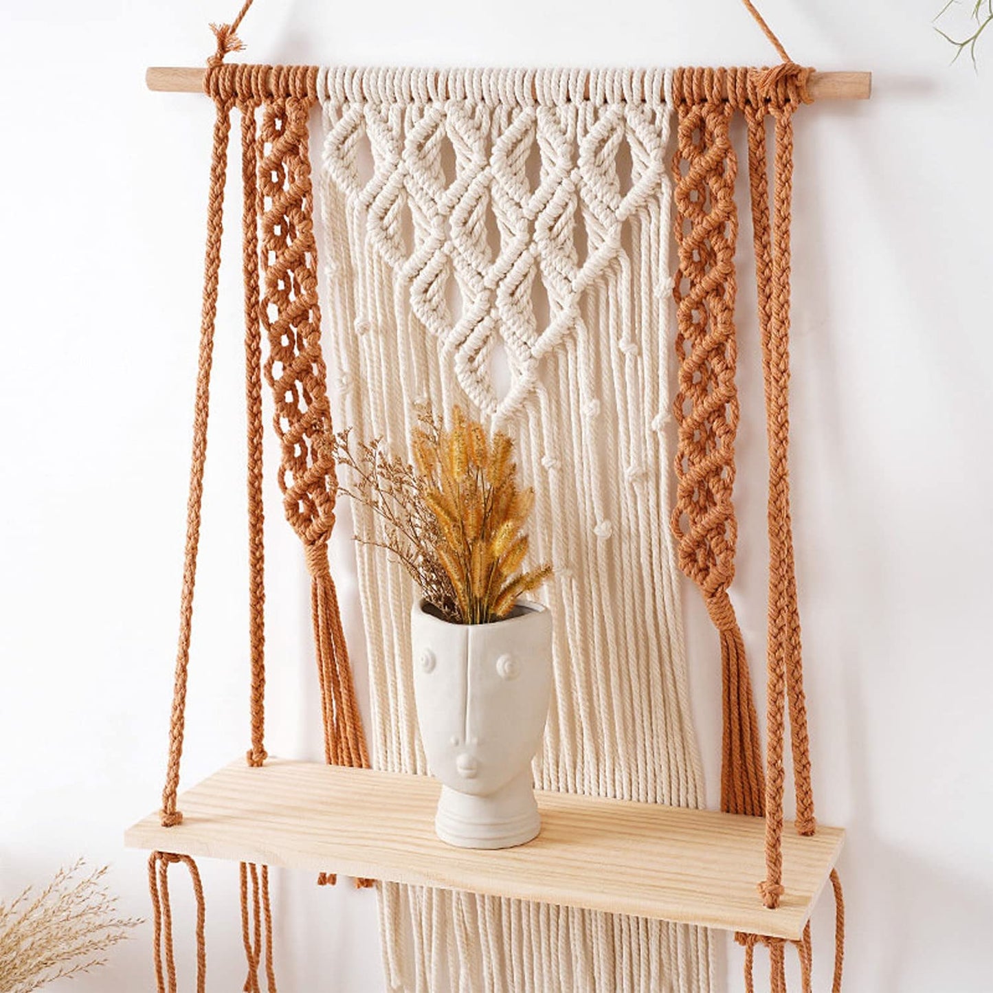 Macrame Wall Display Shelf – Cotton Rope & Wood – 12x5x24CM