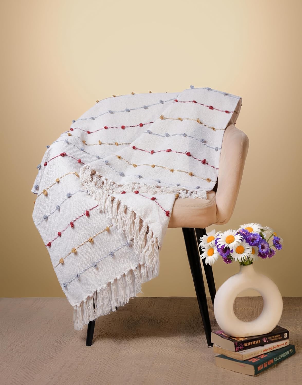 Cotton Throw Blanket – Modern Accent – Tufted Dots & Tassels – 132x183 cm