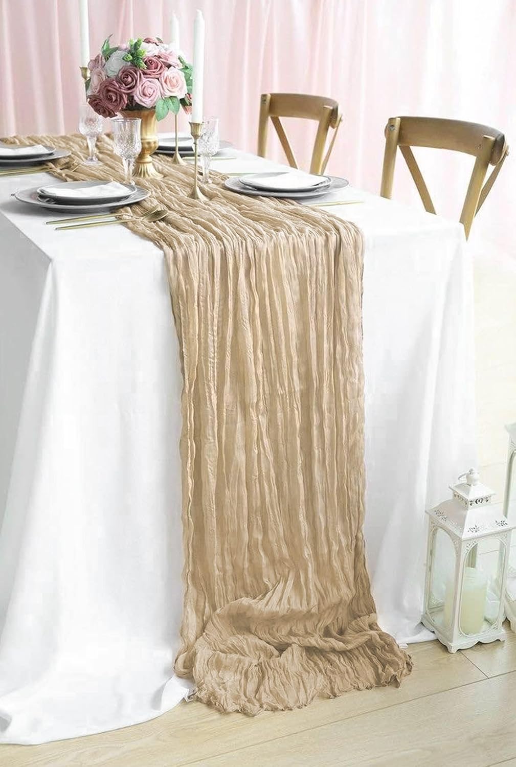 Light Brown Gauze Table Runner – Event & Dining Linens – Natural Pleats – 300x90cm