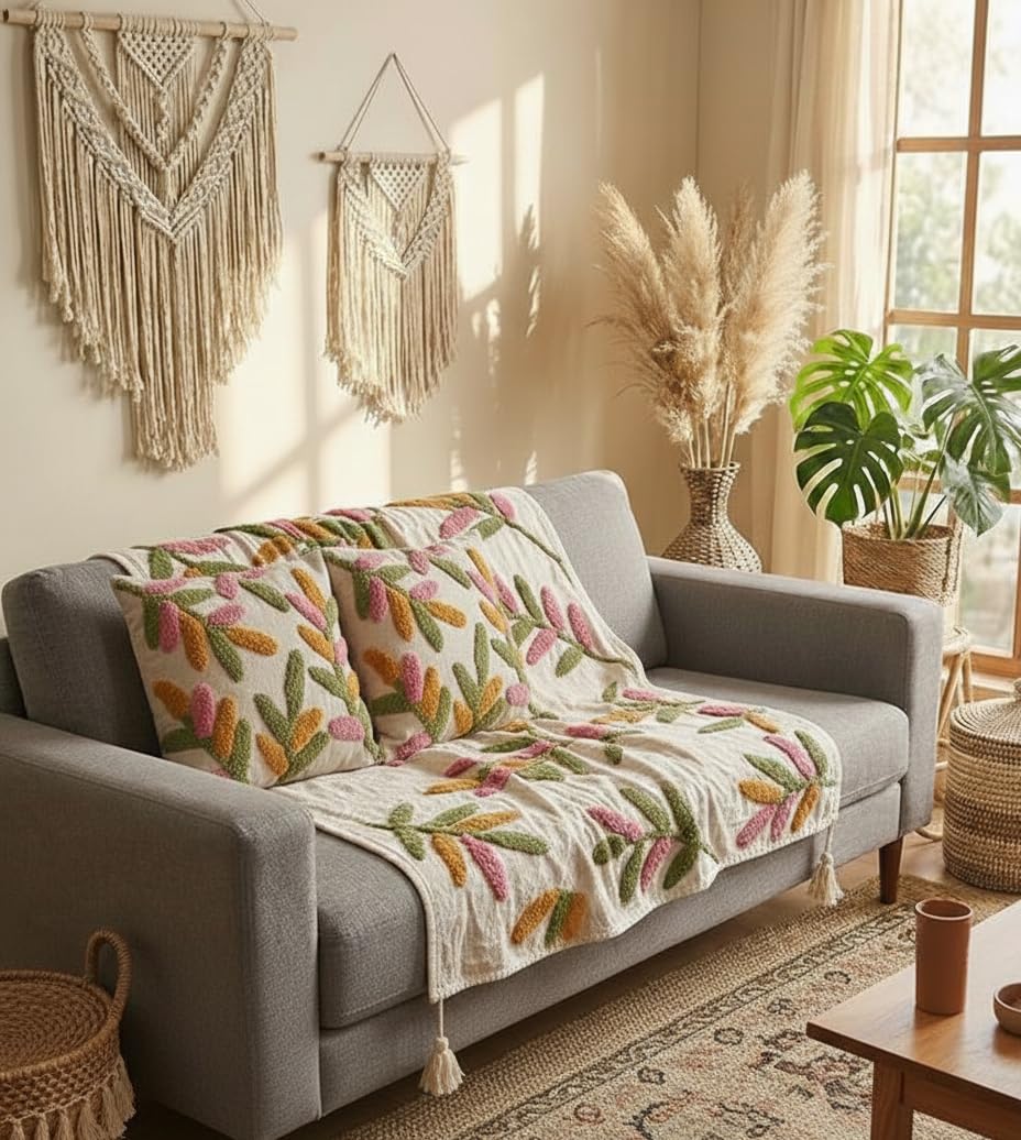 Hand Tufted Cotton Sofa Throw Set – Home Textile – 3-Piece (50x60" Throw, 2x 16x16" Covers)