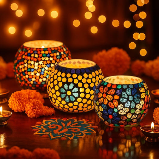 Beautiful Glass Mosaic Hand-finished Tealight Votive Holders Set of 3 | Diwali, Christmas, Home Decor Gifting Centerpiece