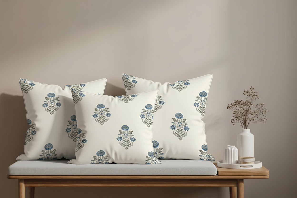 Liberty Blue Cushion Cover Set – 200 TC Pure Cotton – 16x16 Inch (40x40cm) – Set of 3