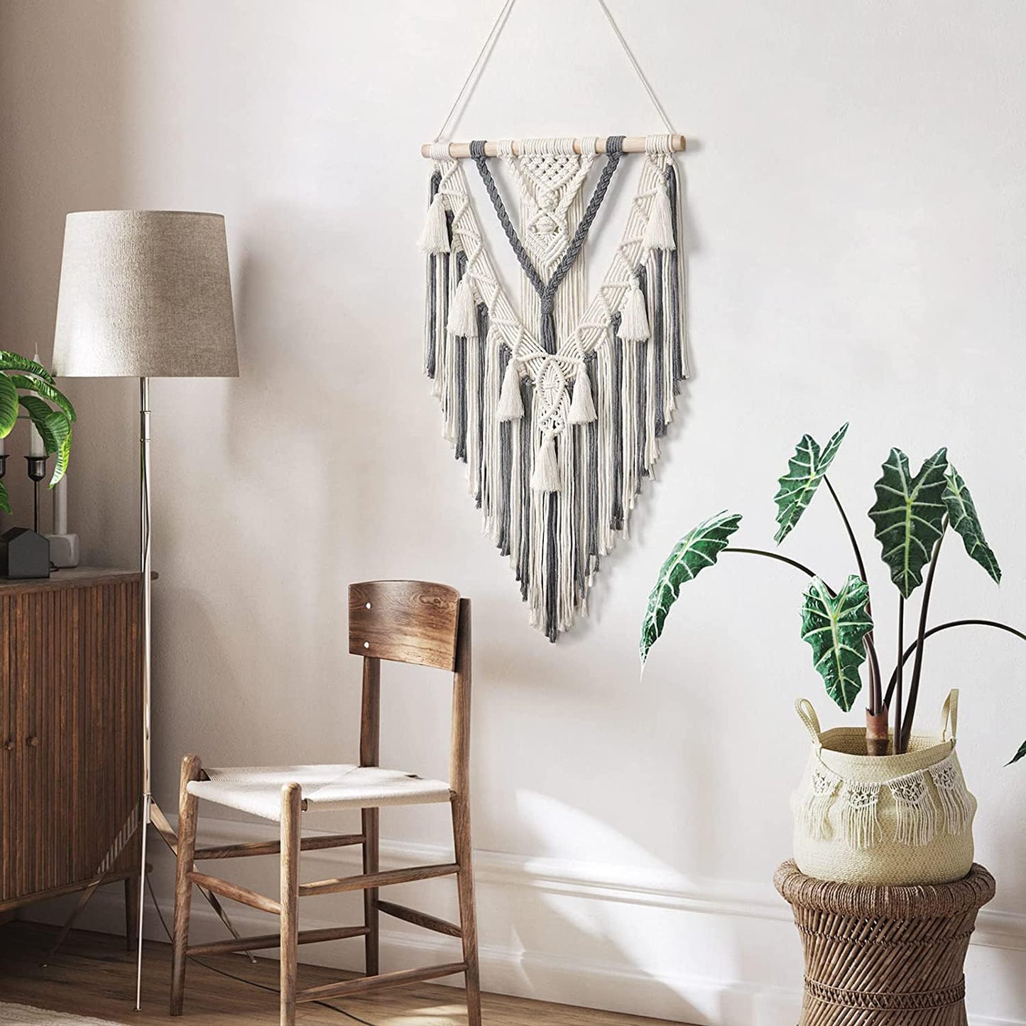 Macrame Wall Hanging – Decorative Accent – Natural Rope, Wood Dowel