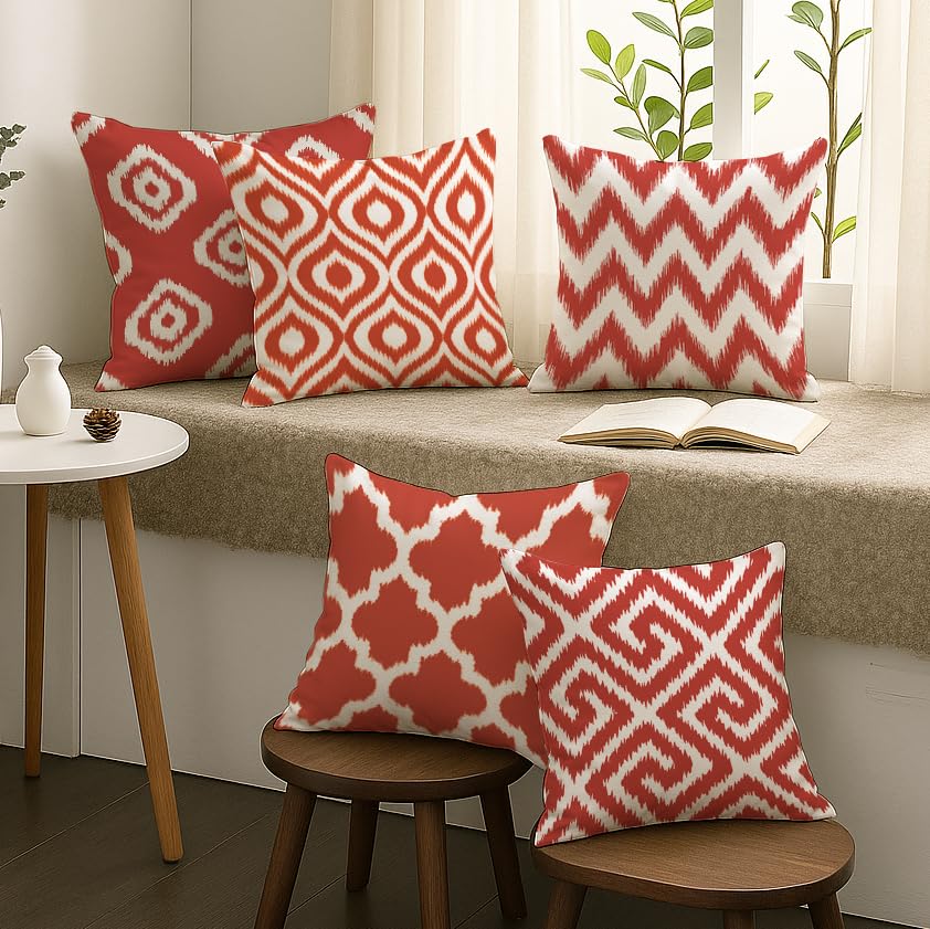 Set of 5 Polycotton Cushion Covers 16x16" - Red & White Ikat Geometric Print | Elegant Sofa Couch Living Room Decor