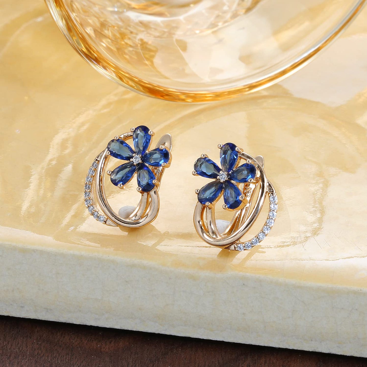 Blue Zircon Drop Earrings – Fashion Jewelry – 18k Rose Gold Plated Copper – 1 Pair