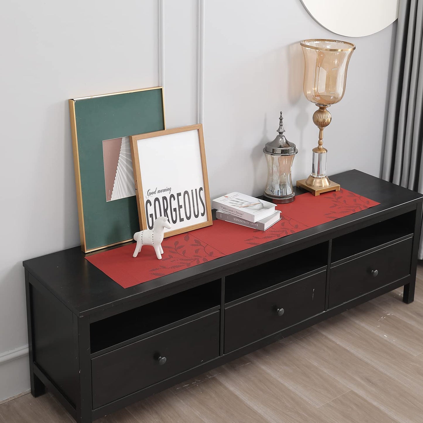 Red Floral Design Polyester Table Runner, 30x135 cm (1 Pc) | Easy Clean Dining & Coffee Table Decor