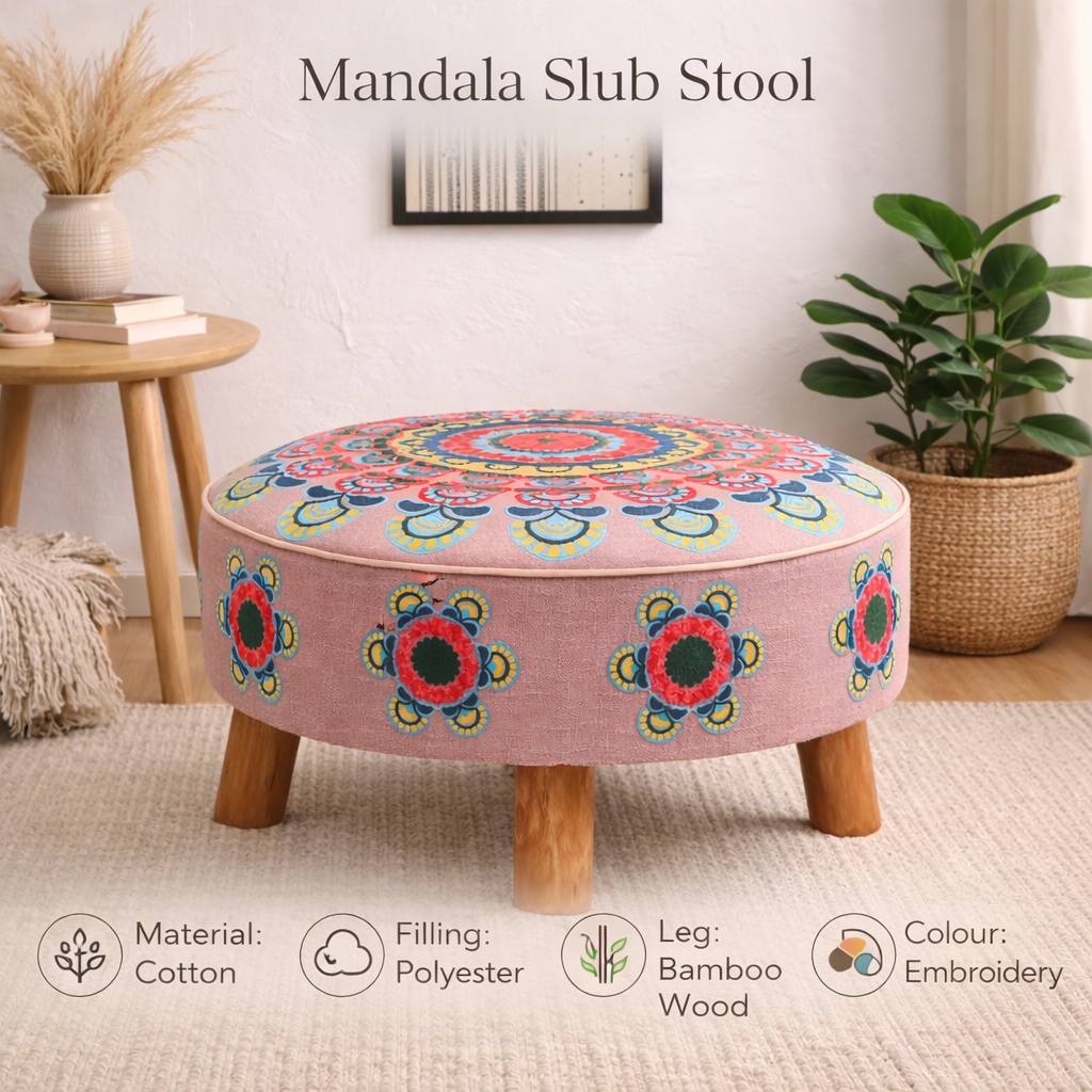 Embroidered Round Cotton Ottoman with Wooden Legs
